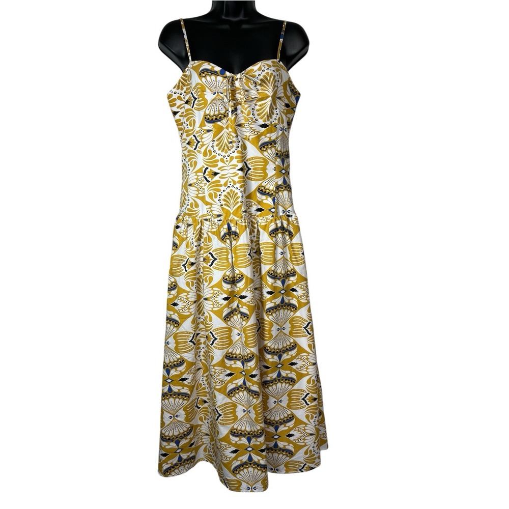 $128 New MOON RIVER Sz M Dress Midi Floral Yellow Blue Smocked Fit Flare Straps